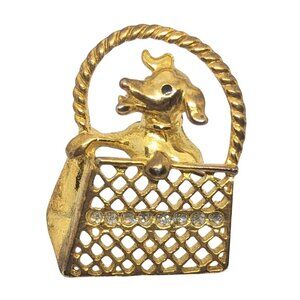 Vintage Gold Filigree Dog In Basket Decorative Brooch Pin Collectible